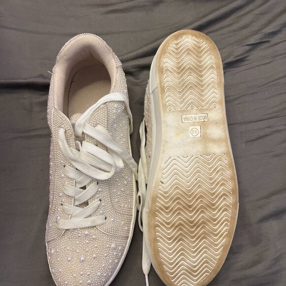 Lovee Cosee White Pearl Platform Sneakers for Women Sparkly Lace up Sequin White - Picture 3 of 3